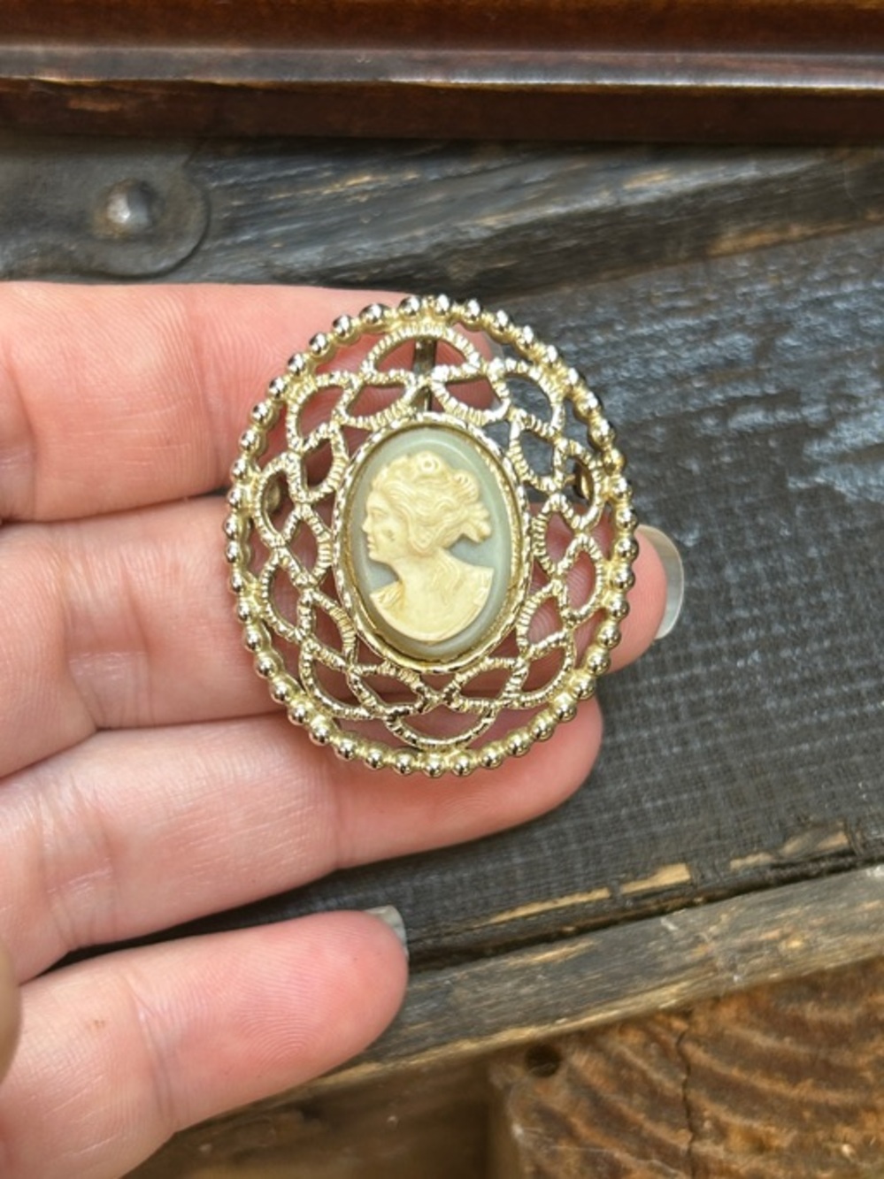 Vintage Gold Cameo Brooch with Dusty Blue/Green & Cream Profile
